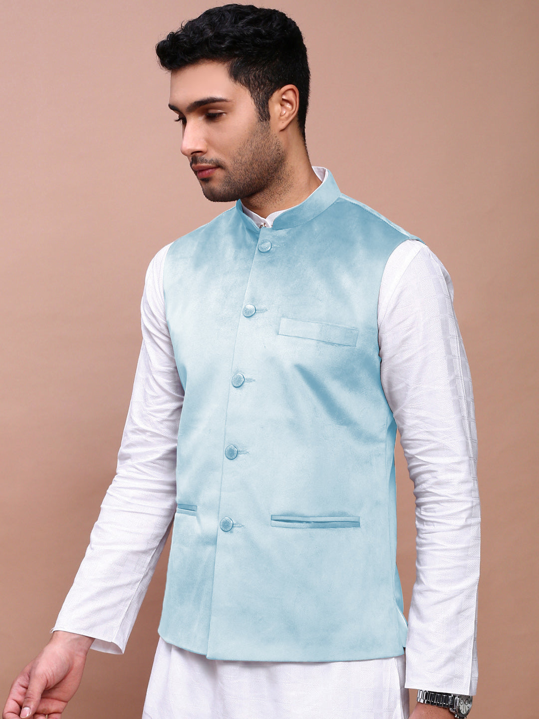 Men's Blue Slim Fit Velvet Nehru Jacket