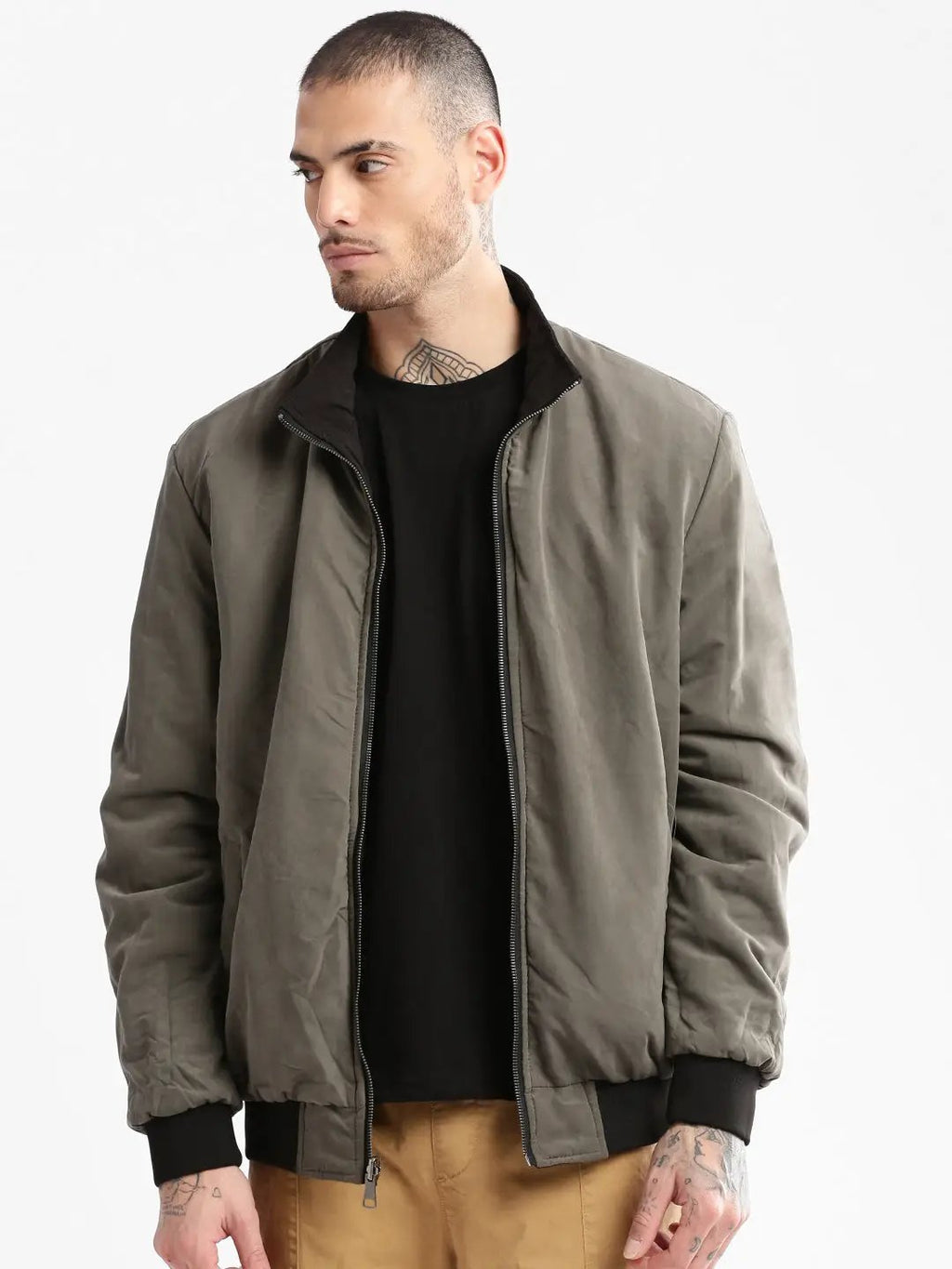Men's Mandarin Collar Olive Solid Bomber Over sized Reversible Jacket