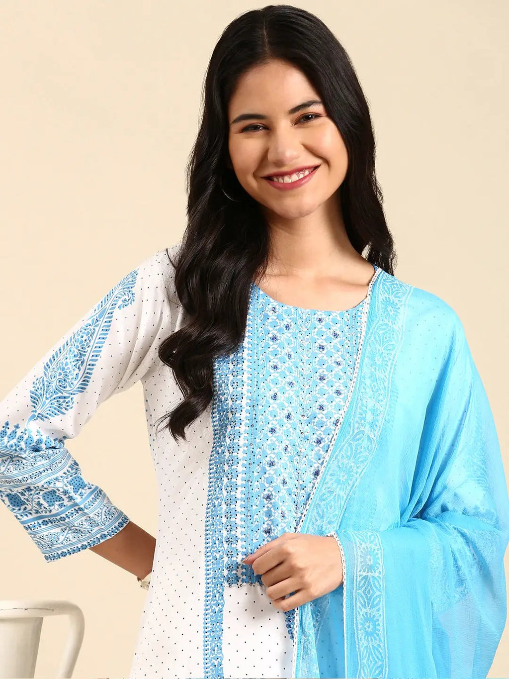 Women's Graphic White Straight Kurta Set with Dupatta