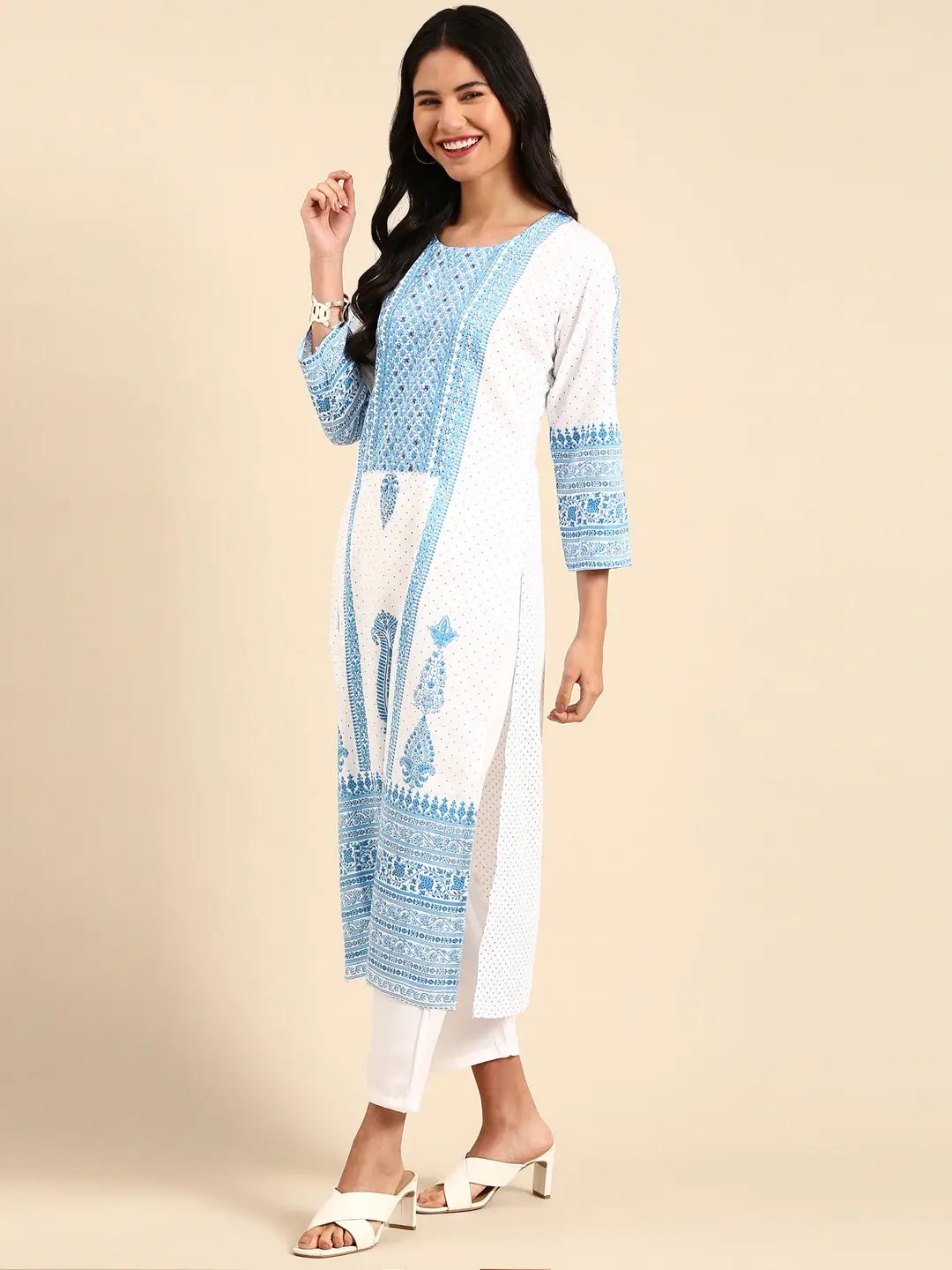 Women's Graphic White Straight Kurta Set with Dupatta