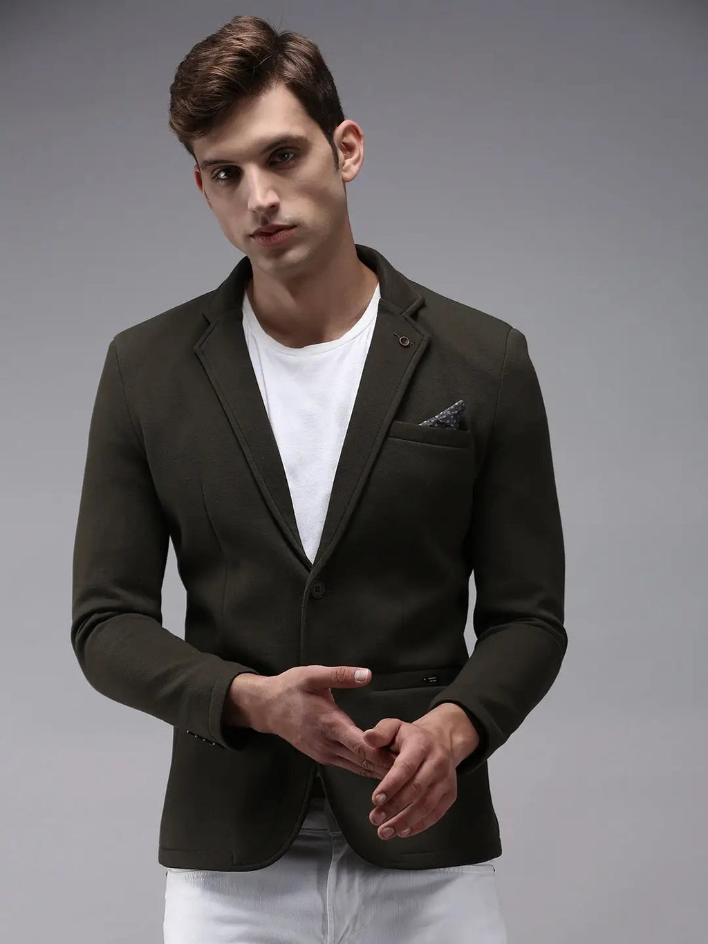 Men's Olive Solid Single Breasted Blazer