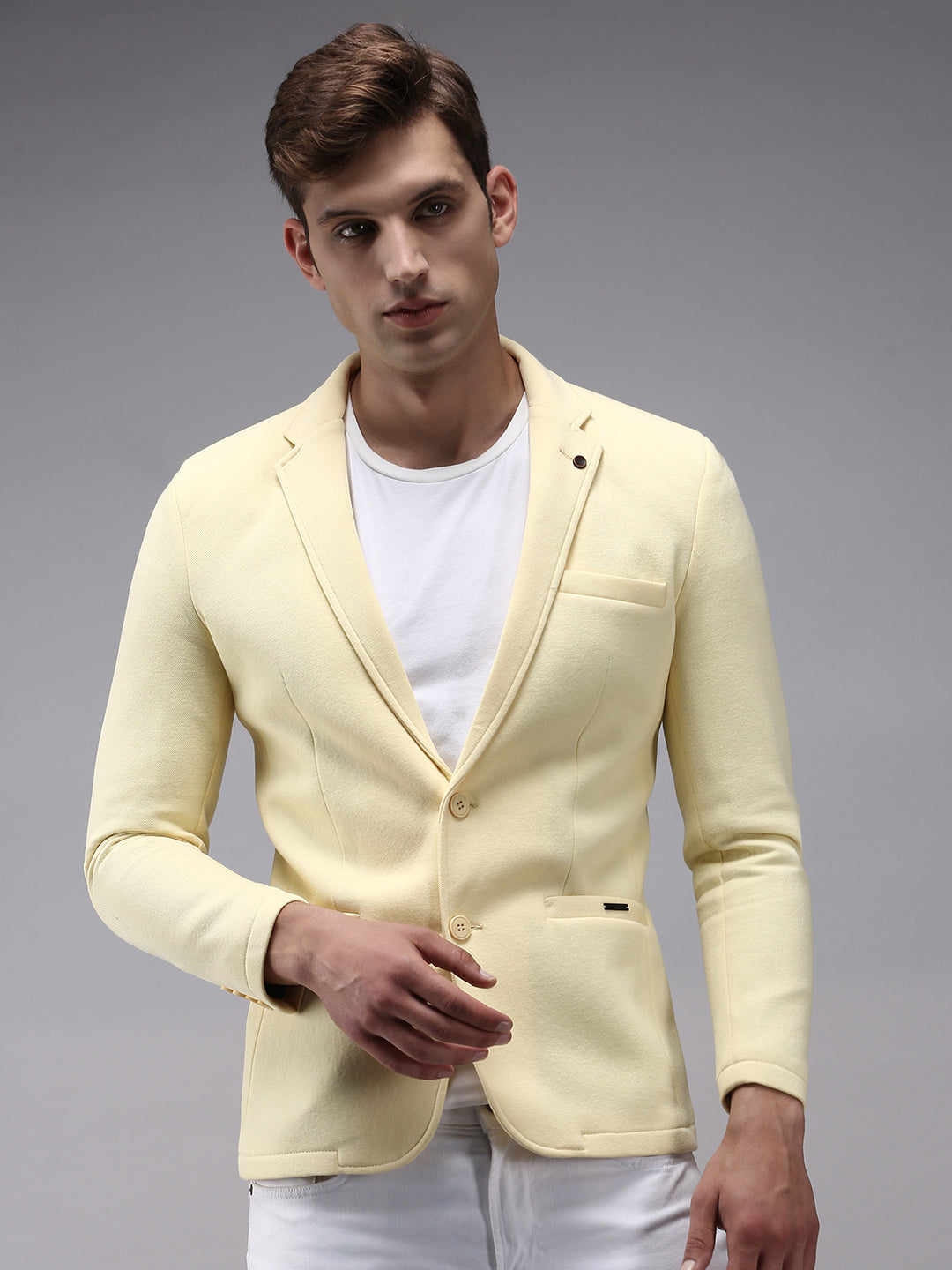 Men's Yellow Solid Single-Breasted Blazer