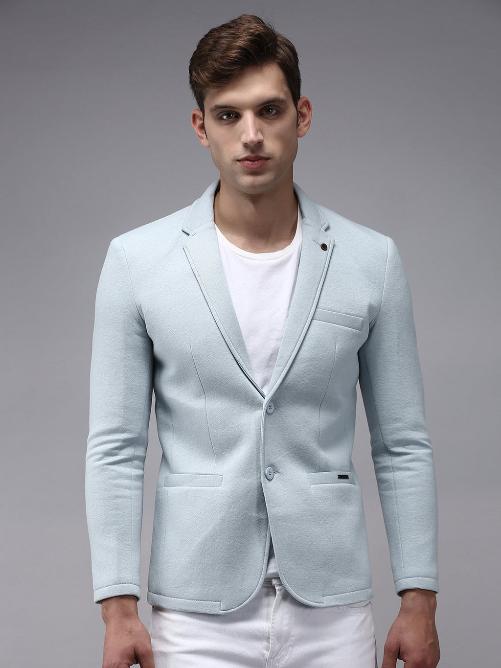 Men's Blue Solid Single-Breasted Regular-Fit Blazer