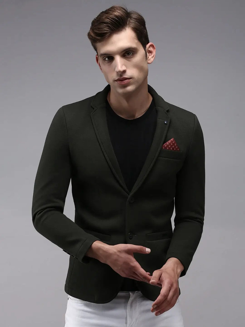 Men's Olive Solid Single Breasted Blazers