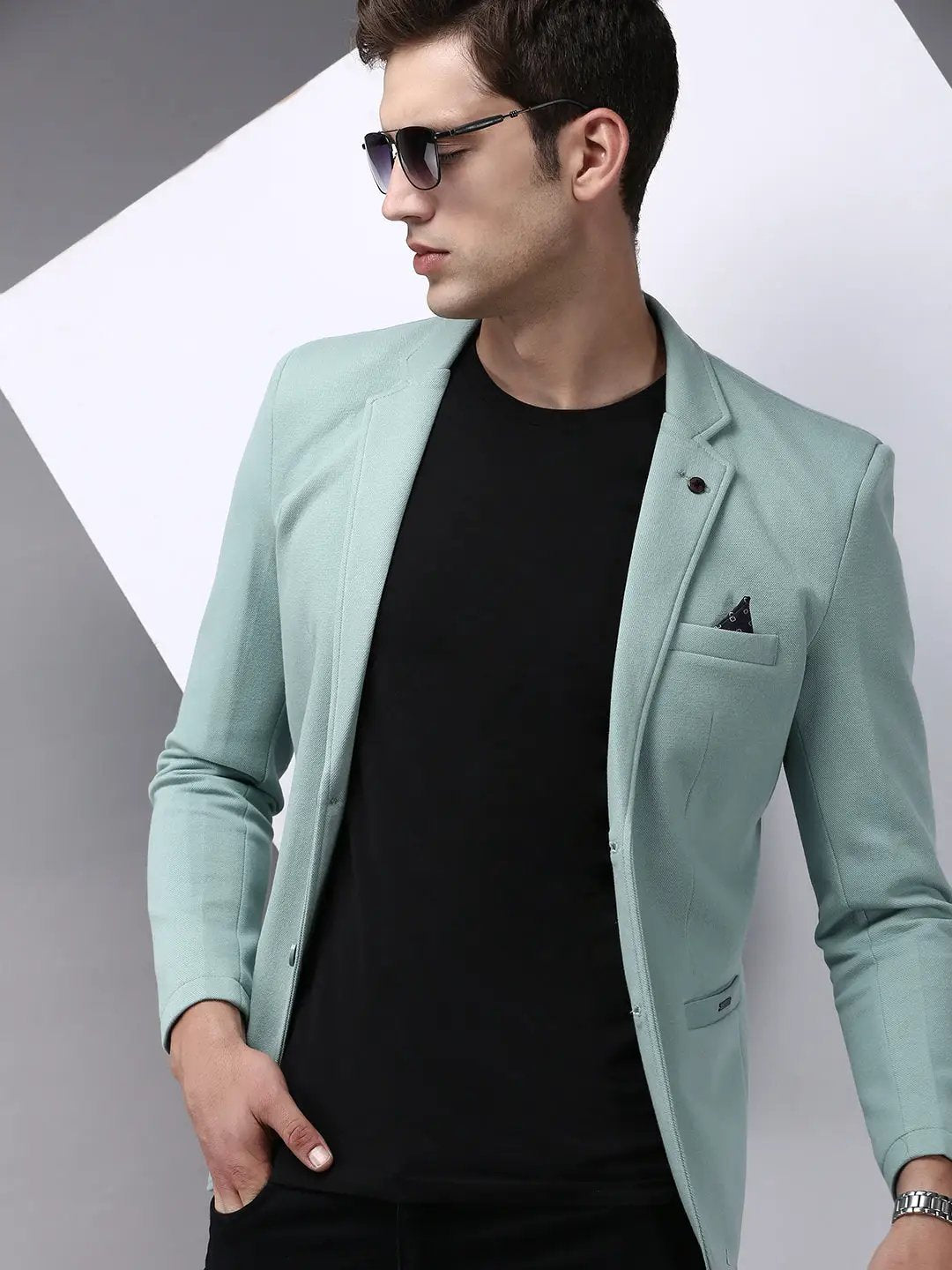 Men's Sea Green Solid Single Breasted Blazer