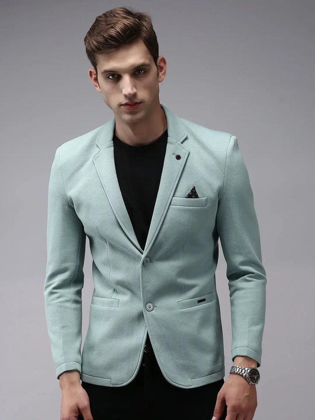 Men's Sea Green Solid Single Breasted Blazer