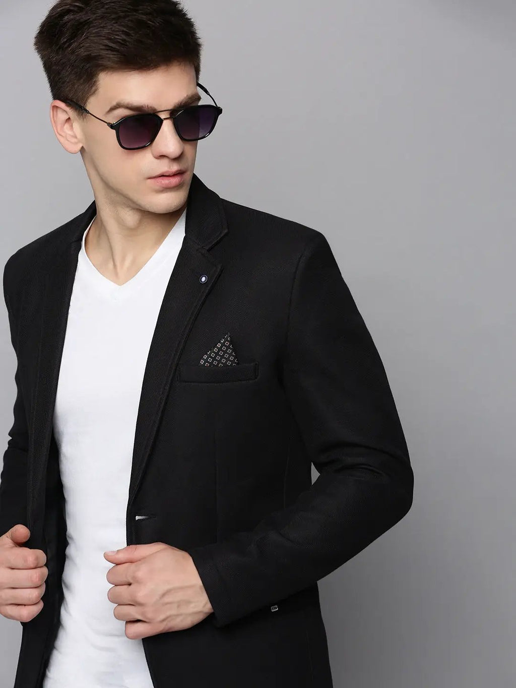 Men's Black Cotton Dobby Notched Lapel Open-Front Blazer