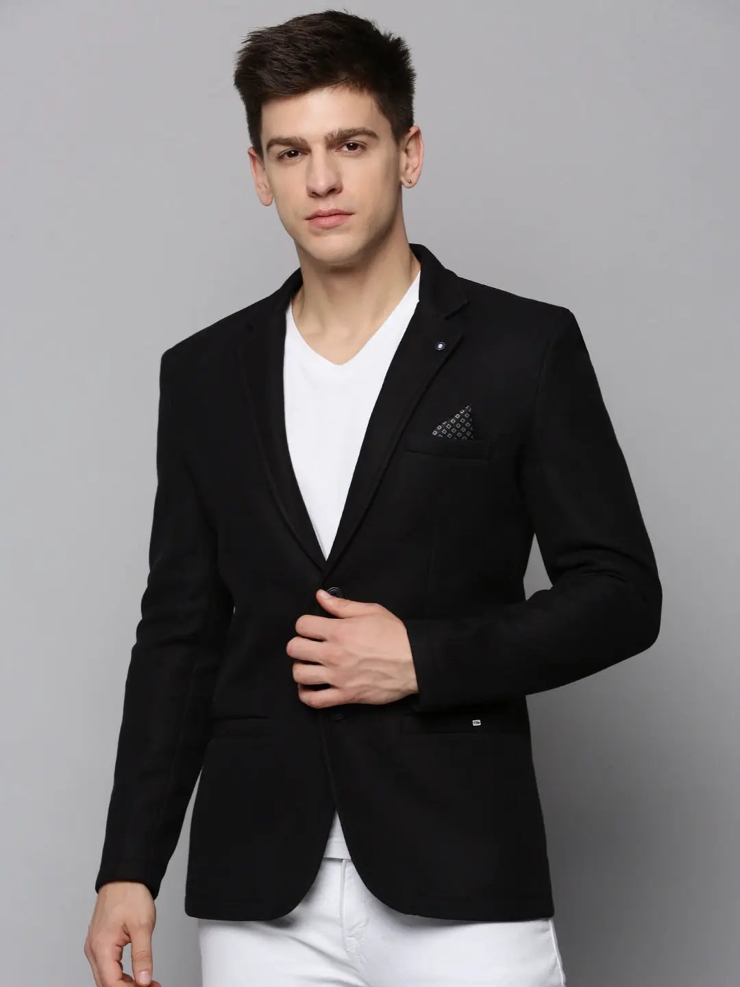 Men's Black Cotton Dobby Notched Lapel Open-Front Blazer