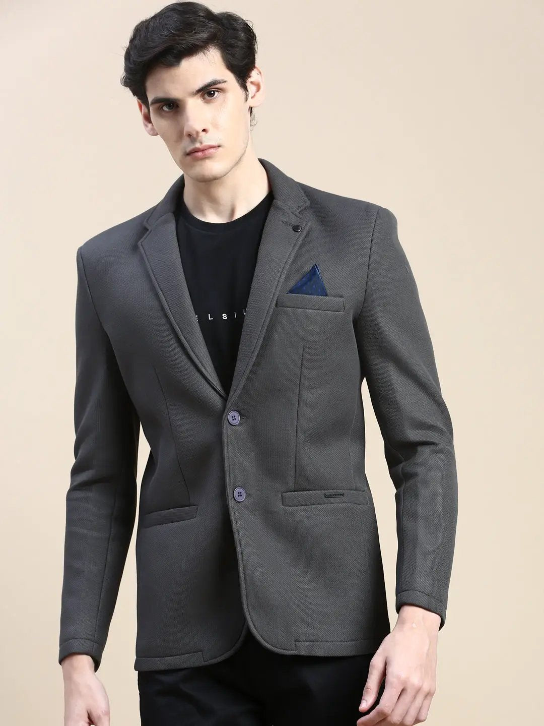 Men's Dark Grey Notched Lapel Slim-Fit Single-Breasted Blazer