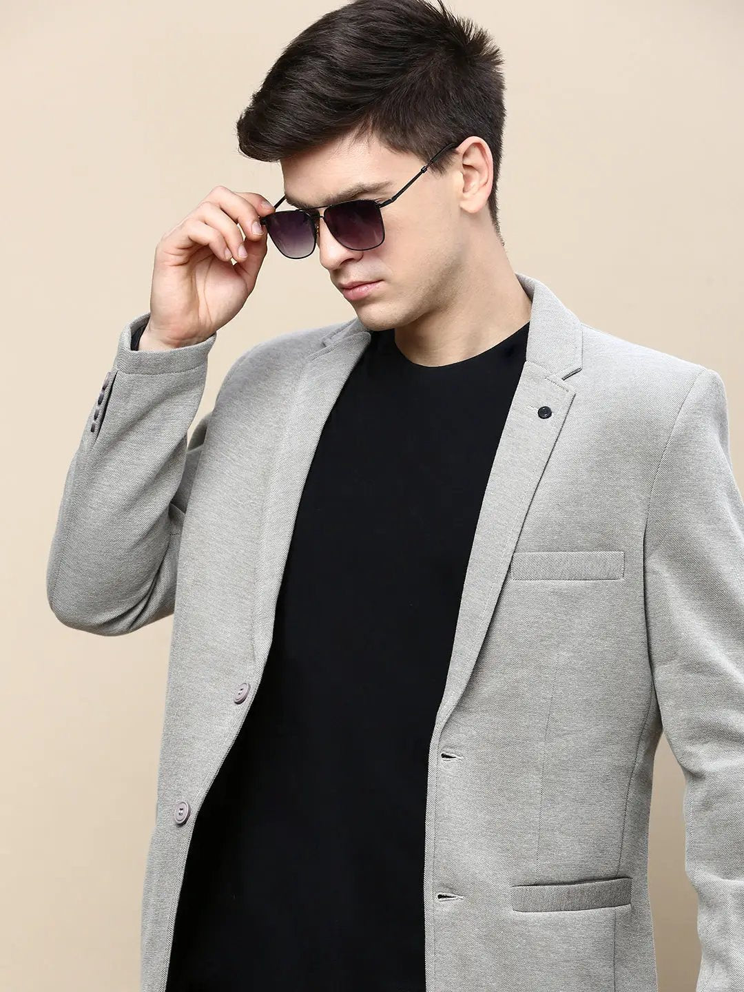 Men's Beige Slim-Fit Notched Lapel Collar Single-Breasted Casual Blazer