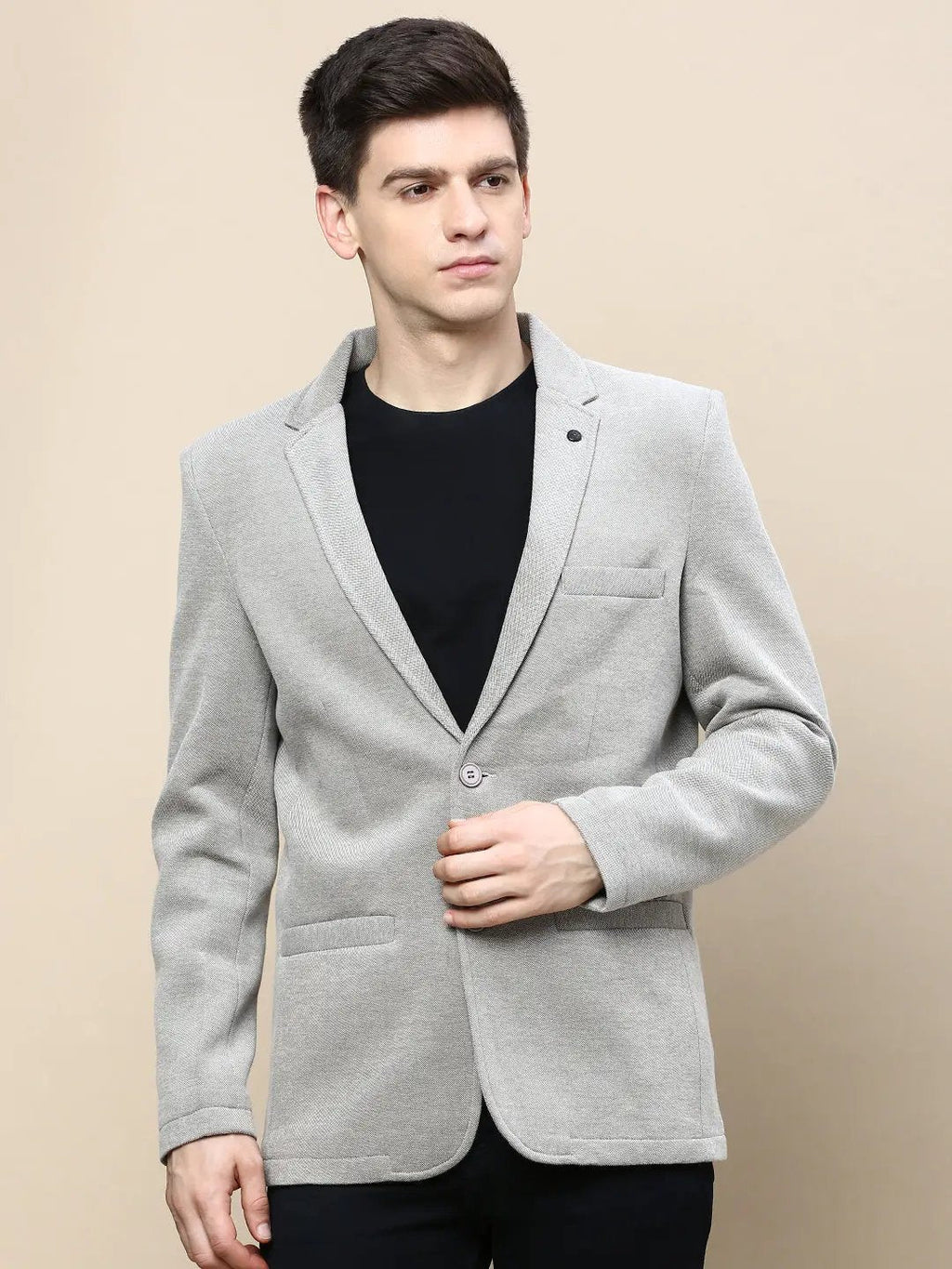 Men's Beige Slim-Fit Notched Lapel Collar Single-Breasted Casual Blazer
