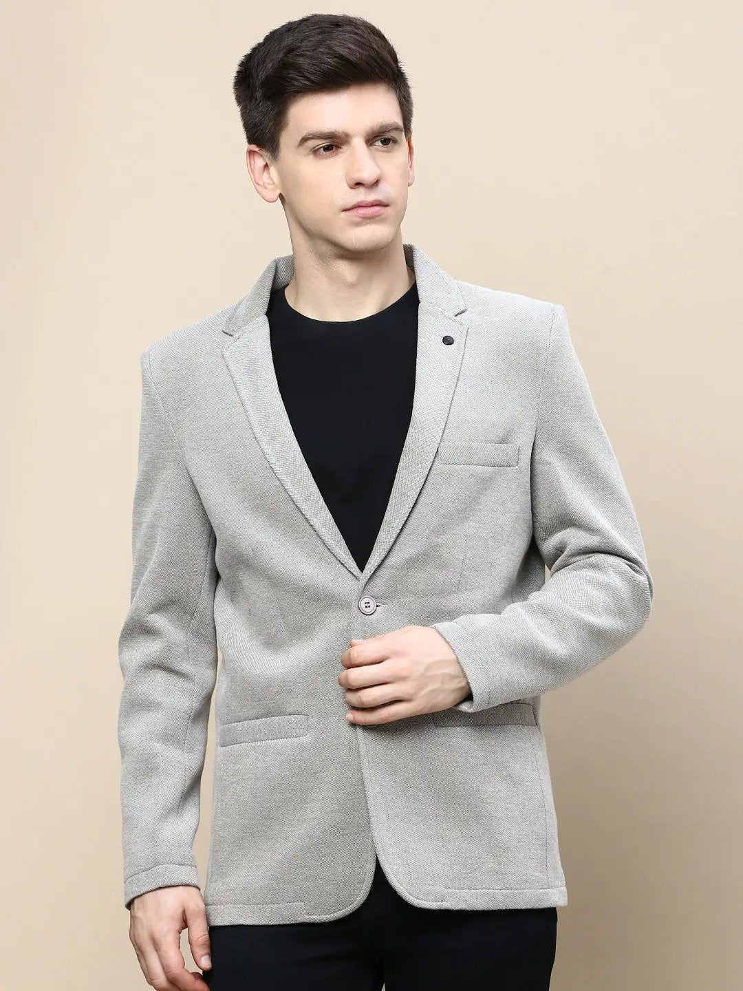 Men's Beige Slim-Fit Notched Lapel Collar Single-Breasted Casual Blazer