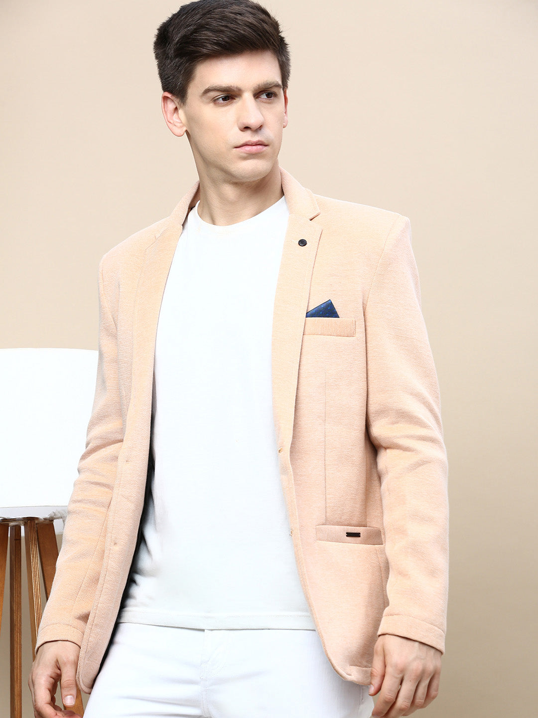 Men's Peach Notched Lapel Slim-Fit Single Breasted Blazer