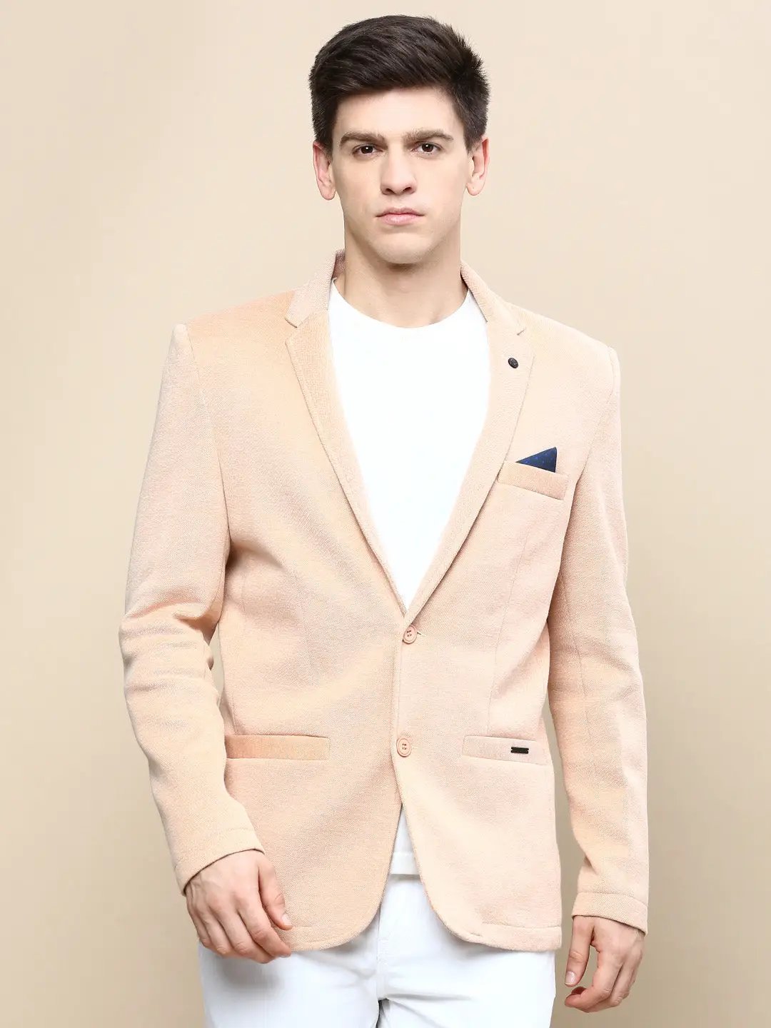 Men's Peach Notched Lapel Slim-Fit Single Breasted Blazer