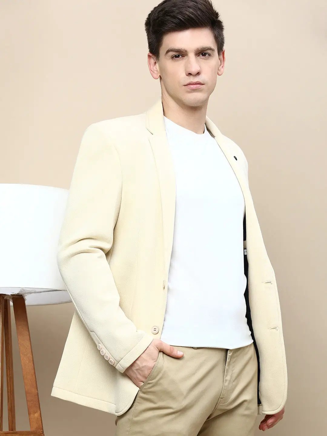 Men's Cream Slim-Fit Notched Lapel Collar Single-Breasted Casual Blazer