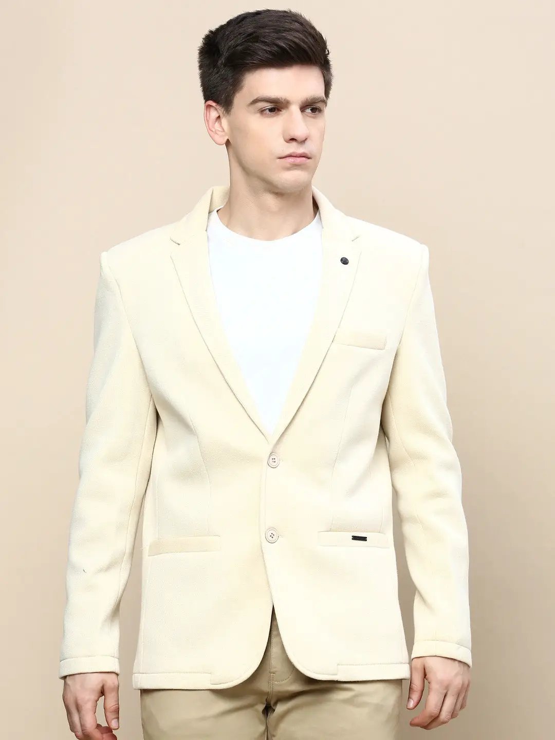 Men's Cream Slim-Fit Notched Lapel Collar Single-Breasted Casual Blazer