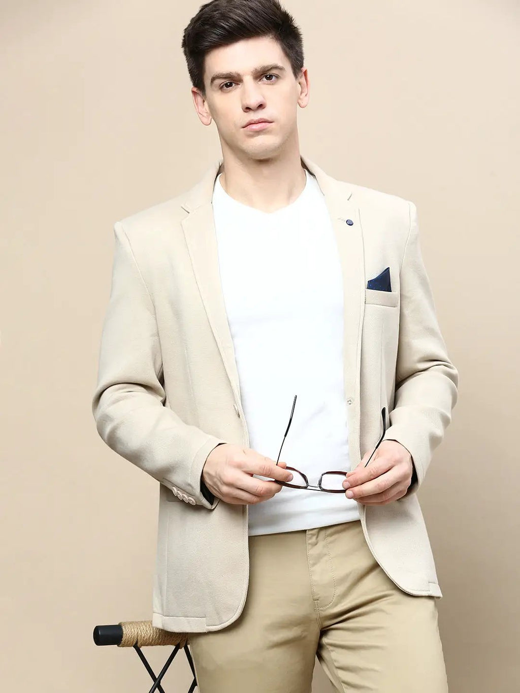 Men's Beige Slim-Fit Notched Lapel Collar Single Breasted Casual Blazer