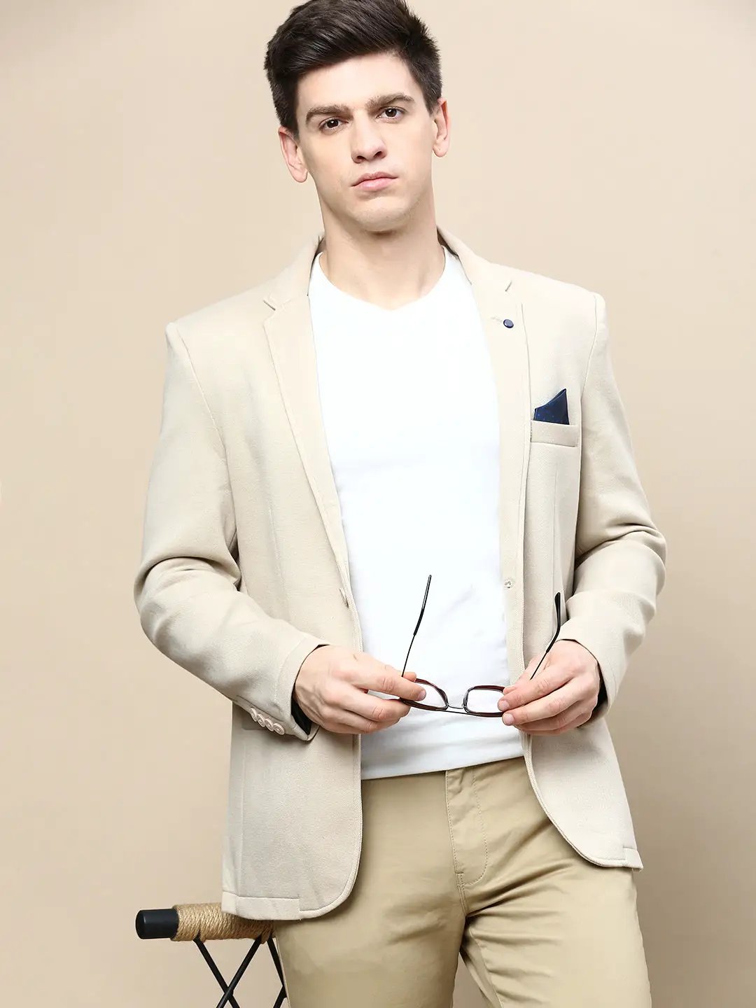 Men's Beige Slim-Fit Notched Lapel Collar Single Breasted Casual Blazer