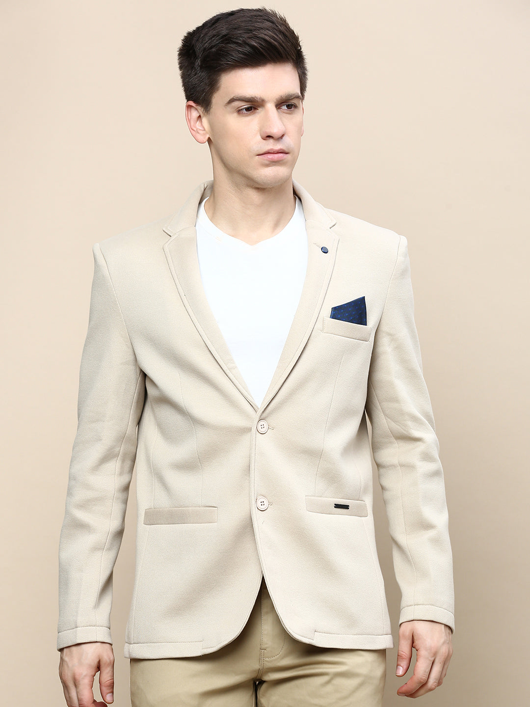 Men's Beige Slim-Fit Notched Lapel Collar Single Breasted Casual Blazer