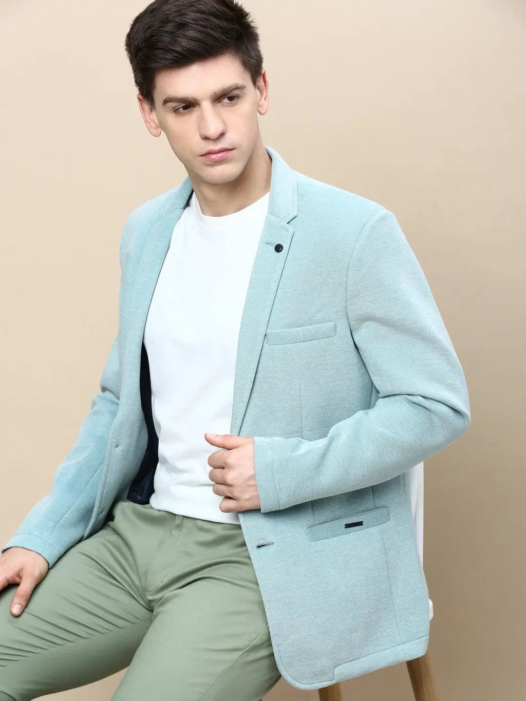 Men's Sea Green Slim-Fit Notched Lapel Collar Single-Breasted Casual Blazer