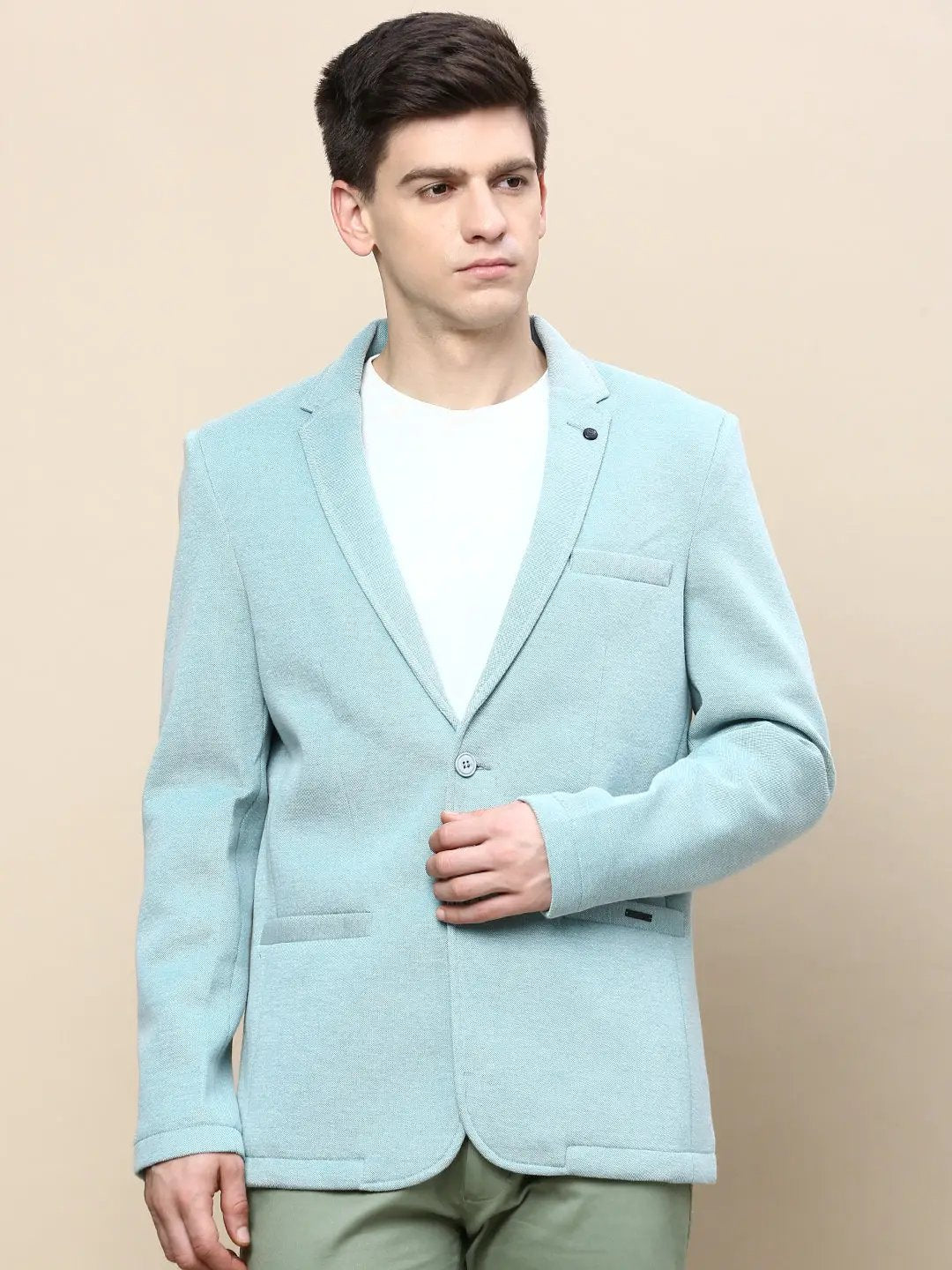 Men's Sea Green Slim-Fit Notched Lapel Collar Single-Breasted Casual Blazer