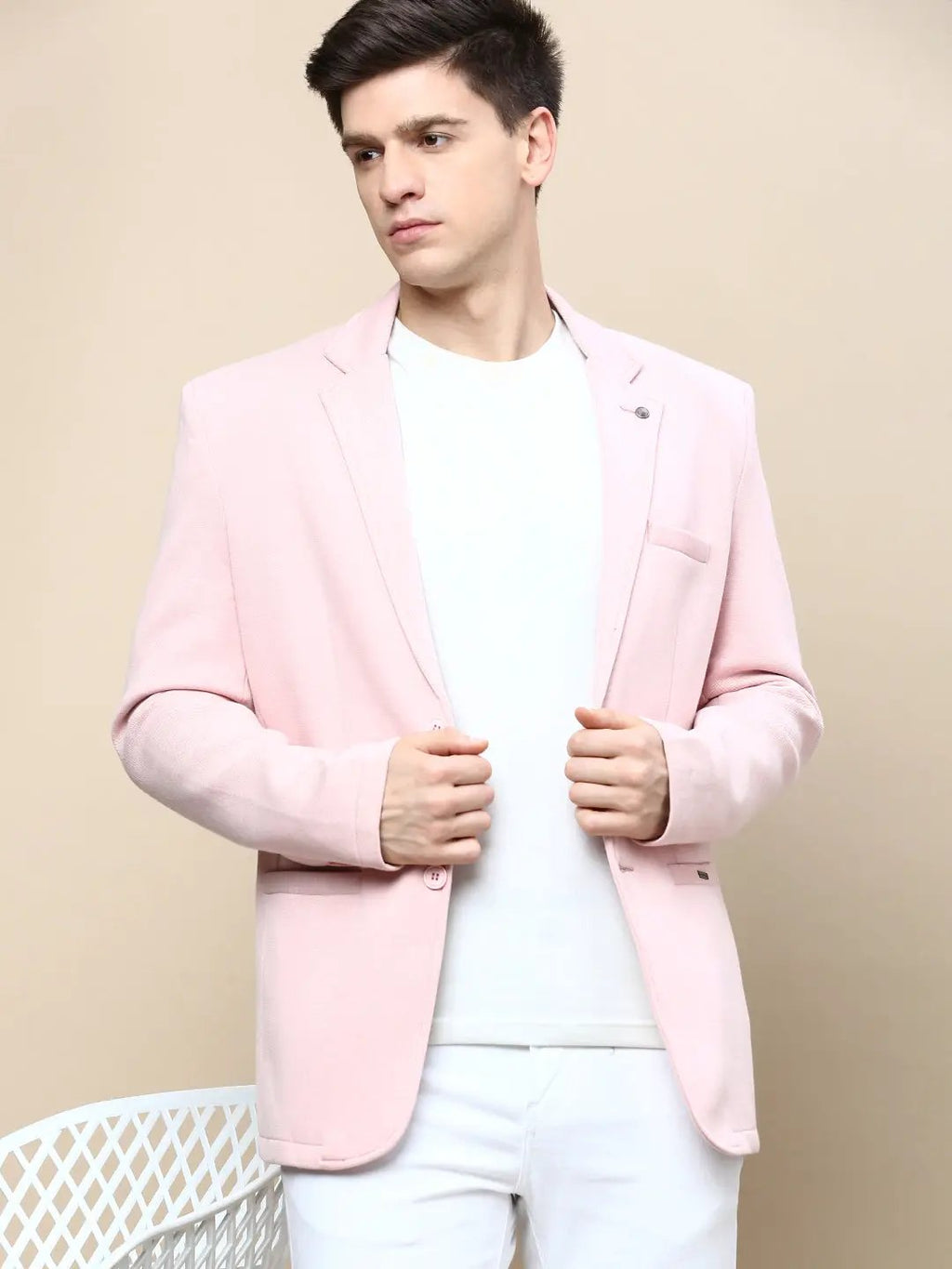 Men's Pink Notched Lapel Collar Single Breasted Slim-Fit Casual Blazer