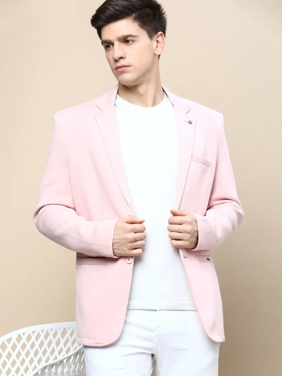 Men's Pink Notched Lapel Collar Single Breasted Slim-Fit Casual Blazer