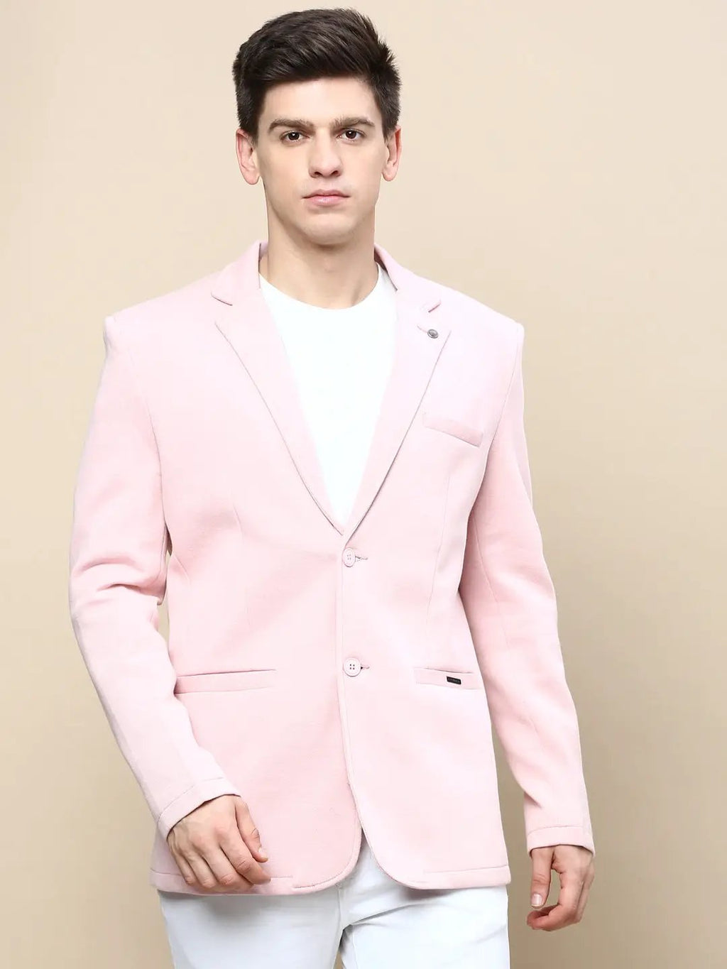 Men's Pink Notched Lapel Collar Single Breasted Slim-Fit Casual Blazer