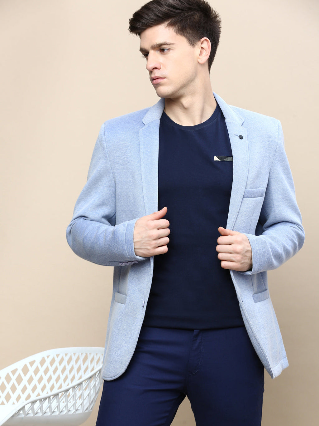 Men's Blue Slim-Fit Notched Lapel Collar Single Breasted Casual Blazer