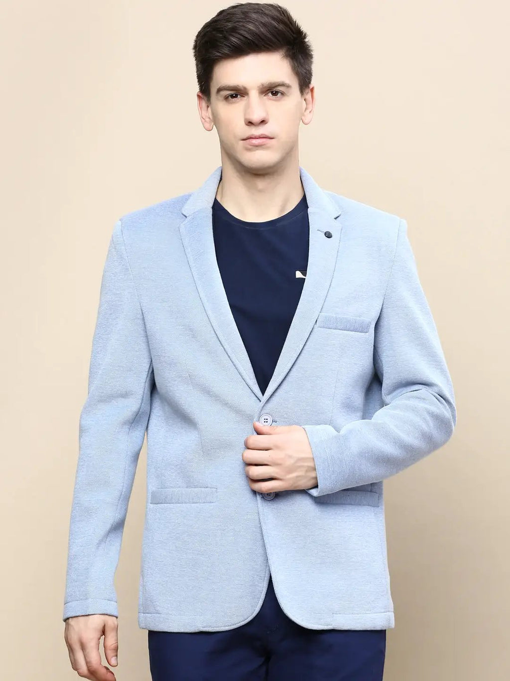Men's Blue Slim-Fit Notched Lapel Collar Single Breasted Casual Blazer