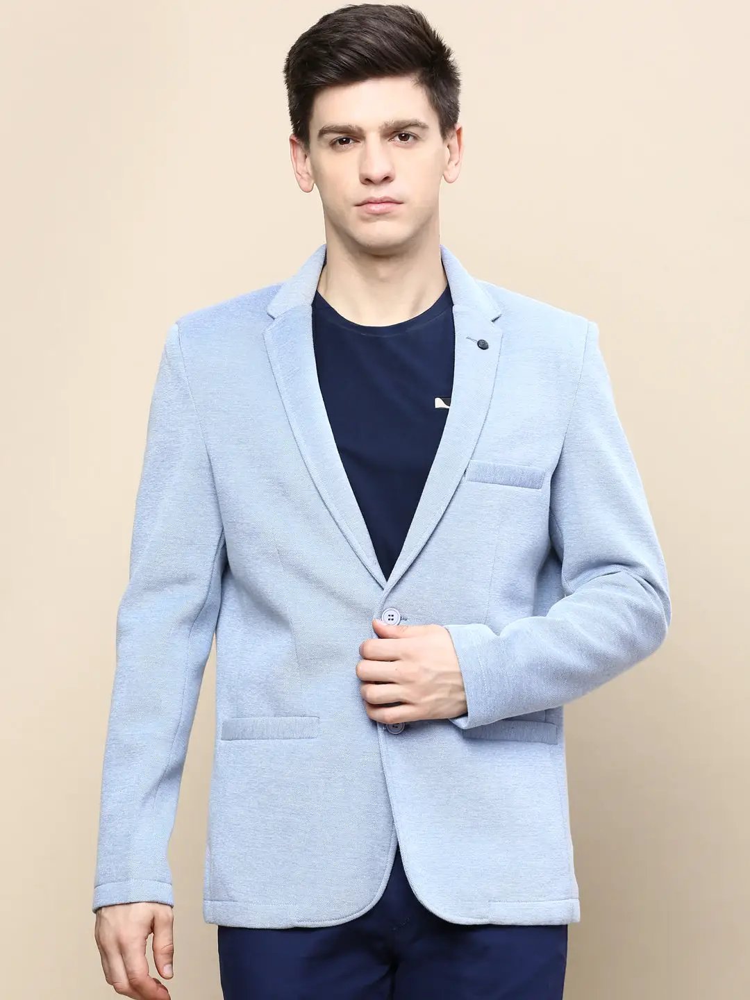 Men's Blue Slim-Fit Notched Lapel Collar Single Breasted Casual Blazer