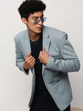 Men's Blue Notched Lapel Collar Single Breasted Slim-Fit Cotton Casual Blazer