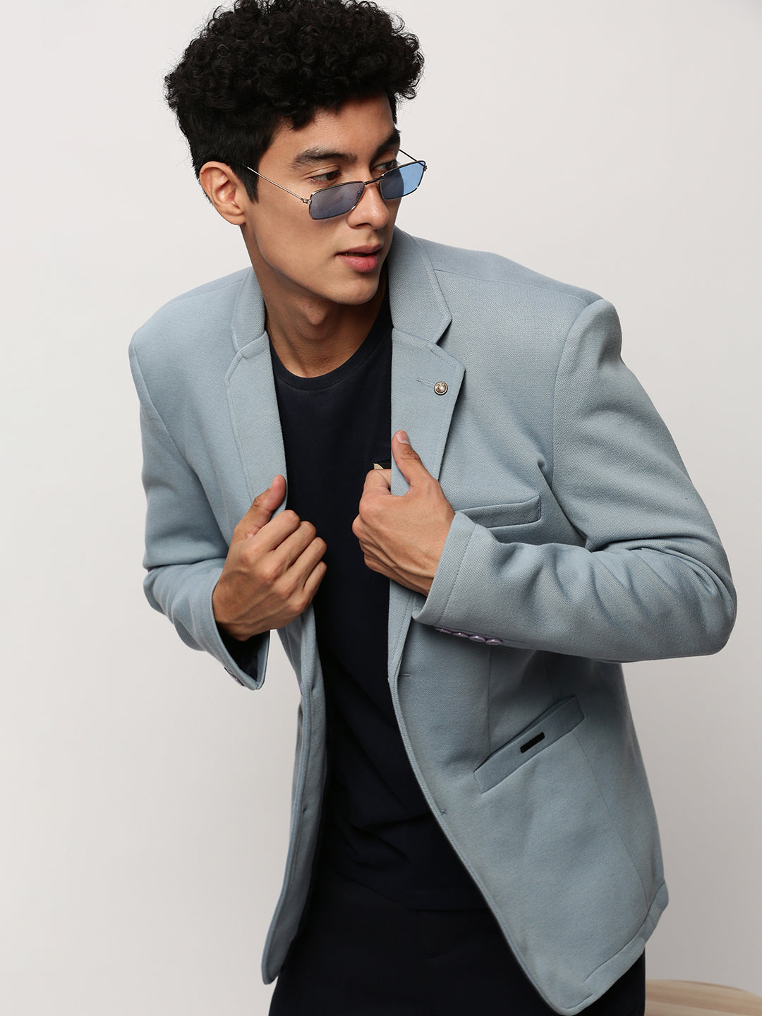 Men's Blue Notched Lapel Collar Single Breasted Slim-Fit Cotton Casual Blazer