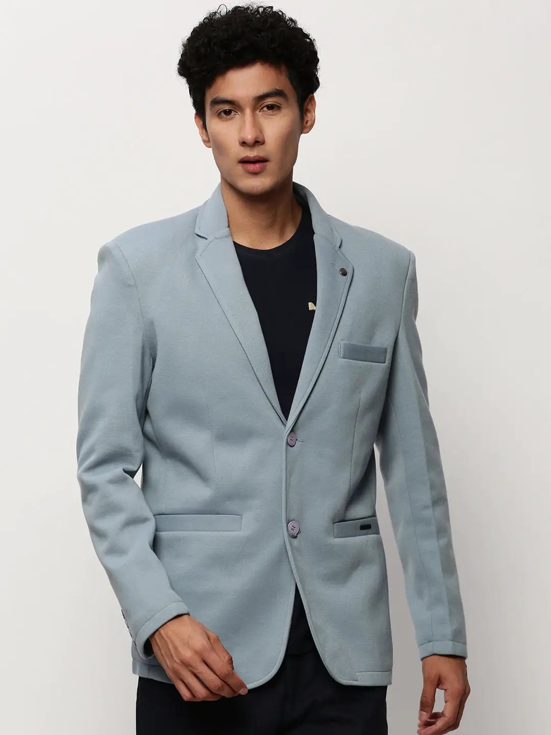 Men's Blue Notched Lapel Collar Single Breasted Slim-Fit Cotton Casual Blazer