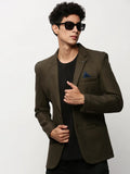 Men's Olive Notched Lapel Slim-Fit Single Breasted Cotton Blazer