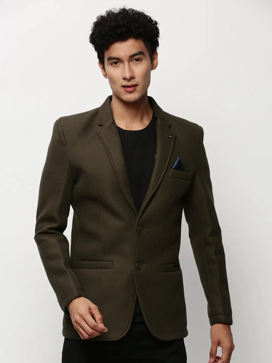 Men's Olive Notched Lapel Slim-Fit Single Breasted Cotton Blazer