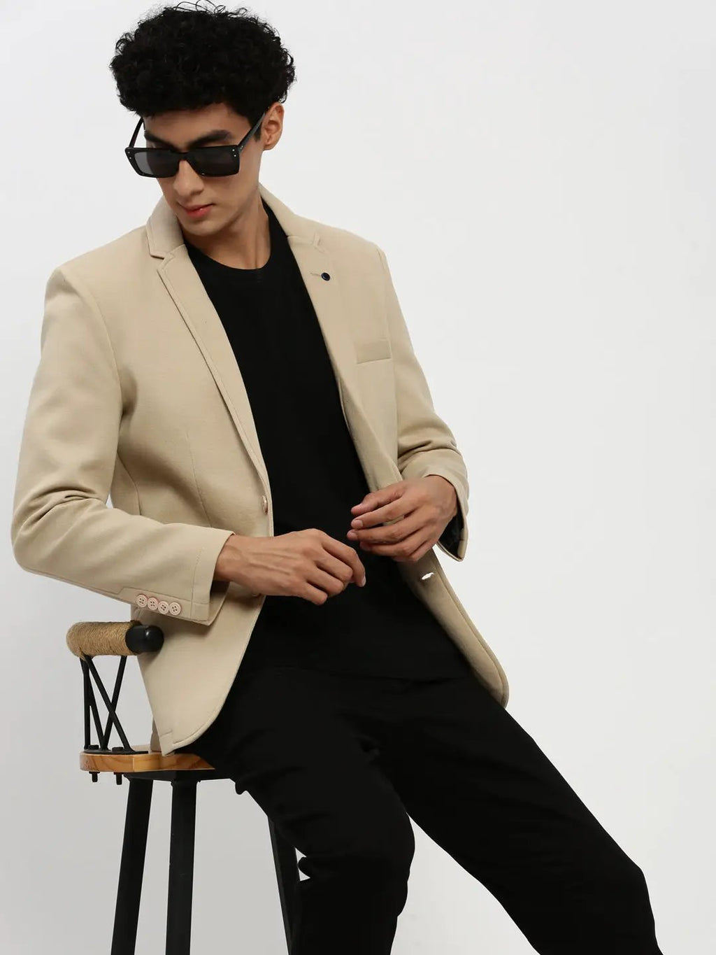Men's Beige Single-Breasted Slim-Fit Blazer