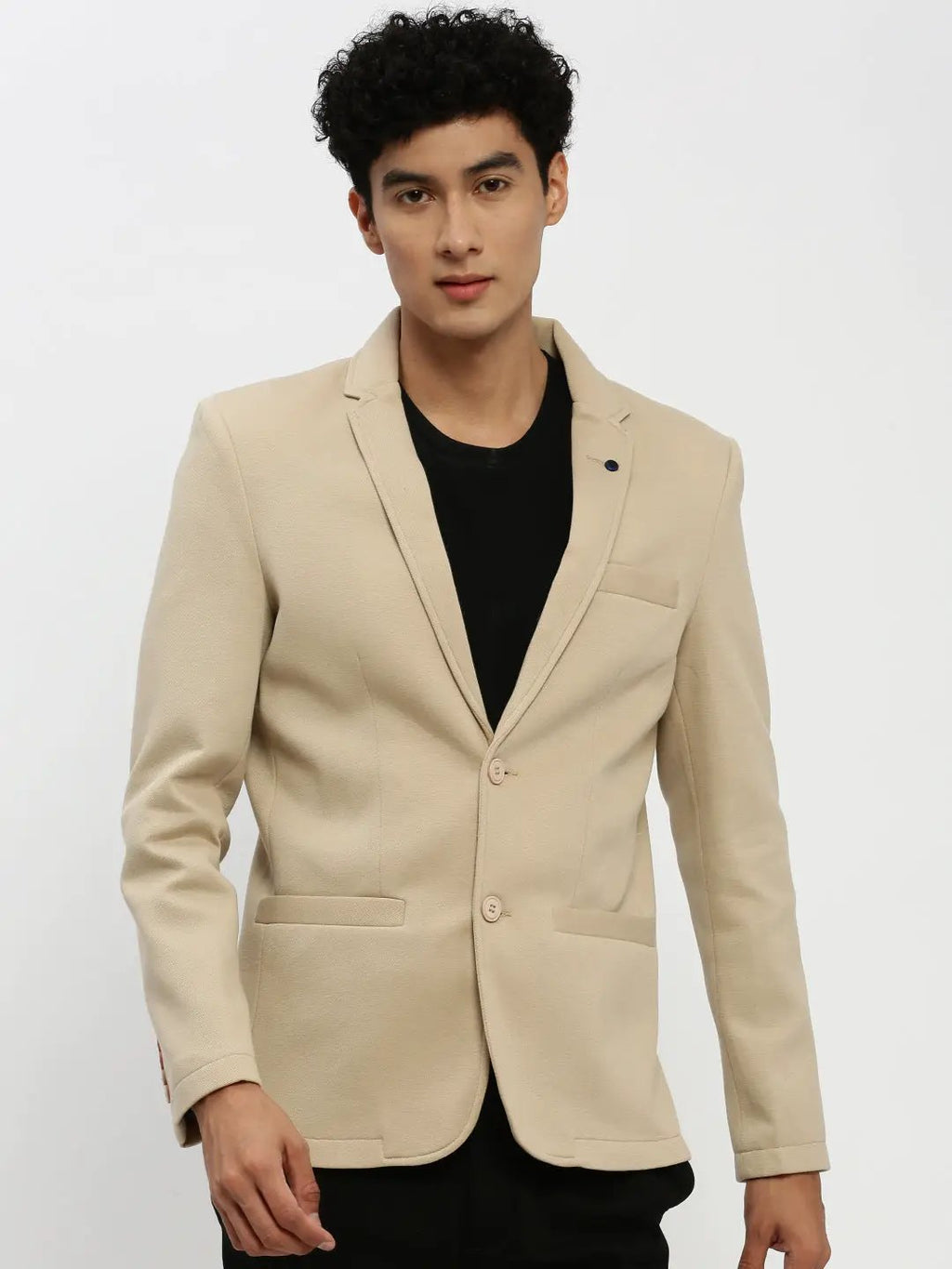 Men's Beige Single-Breasted Slim-Fit Blazer