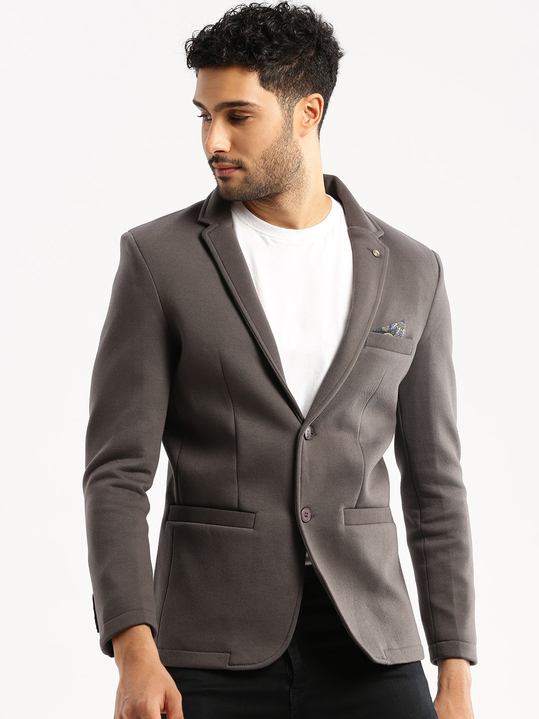 Men's Grey Notched Lapel Collar Single-Breasted Slim-Fit Blazer