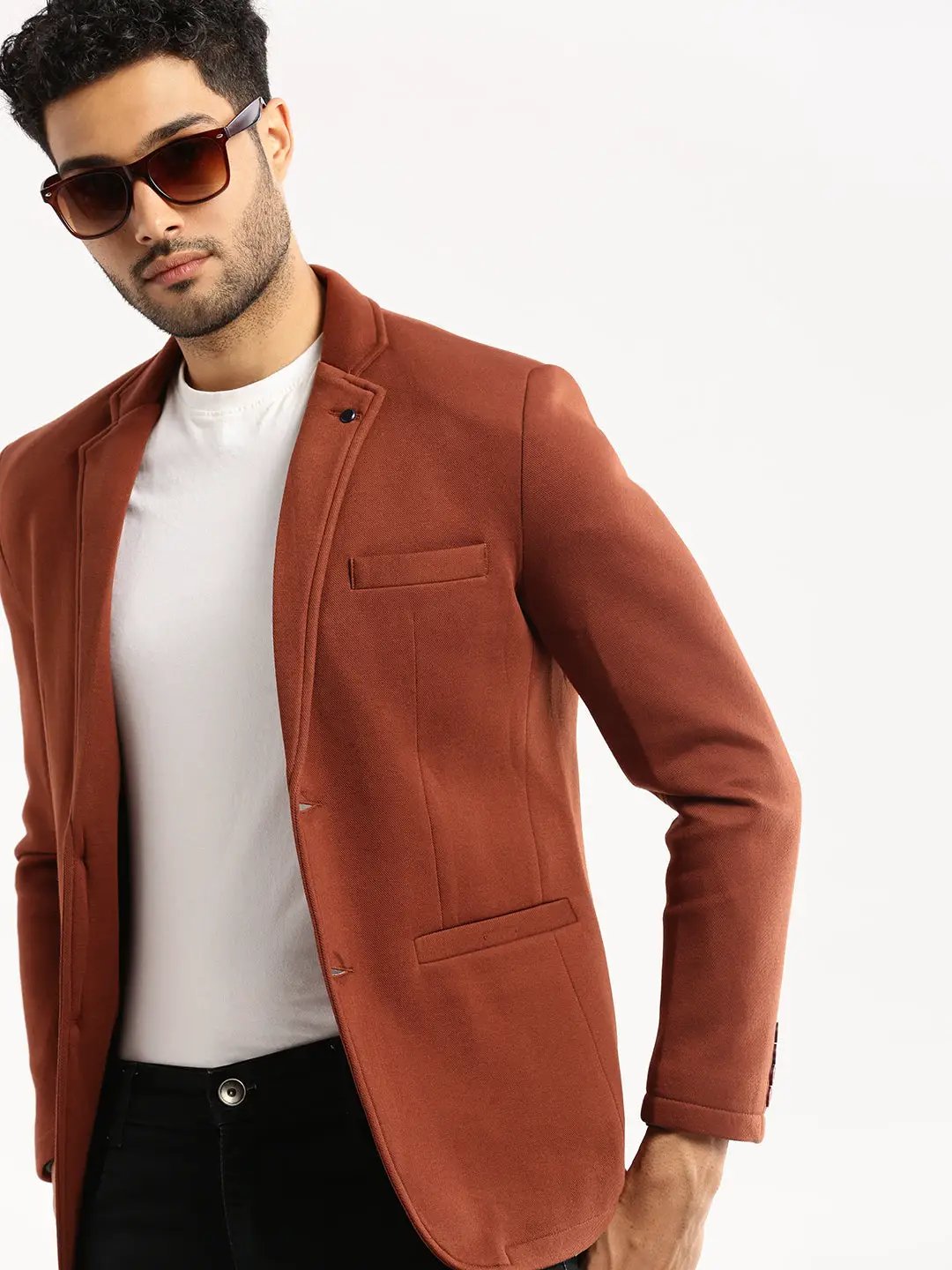 Men's Brown Single-Breasted Slim-Fit Blazer