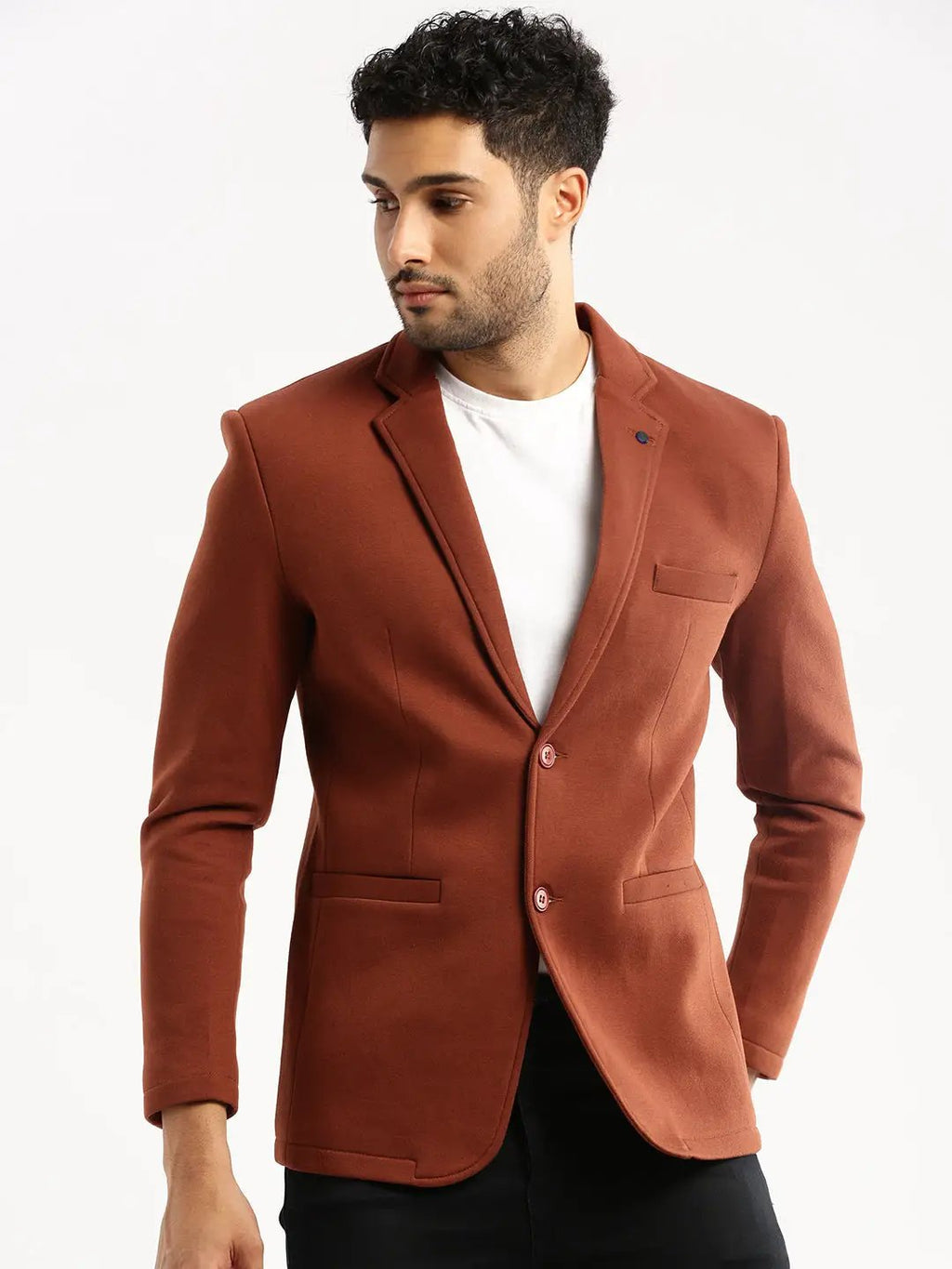 Men's Brown Single-Breasted Slim-Fit Blazer