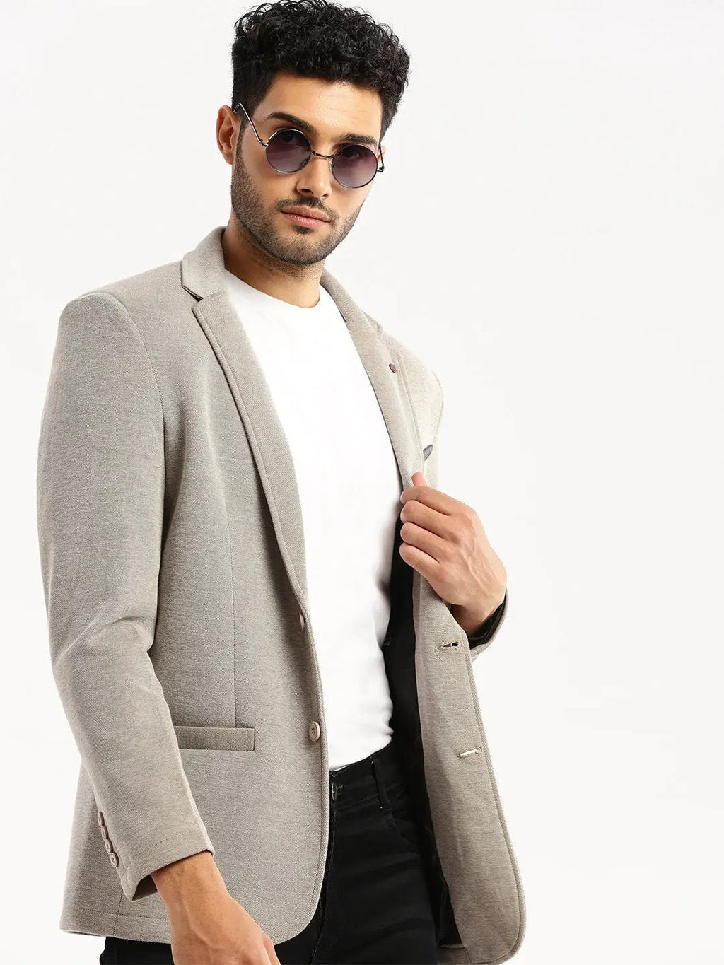 Men's Grey Notched Lapel Collar Single-Breasted Slim-Fit Blazer
