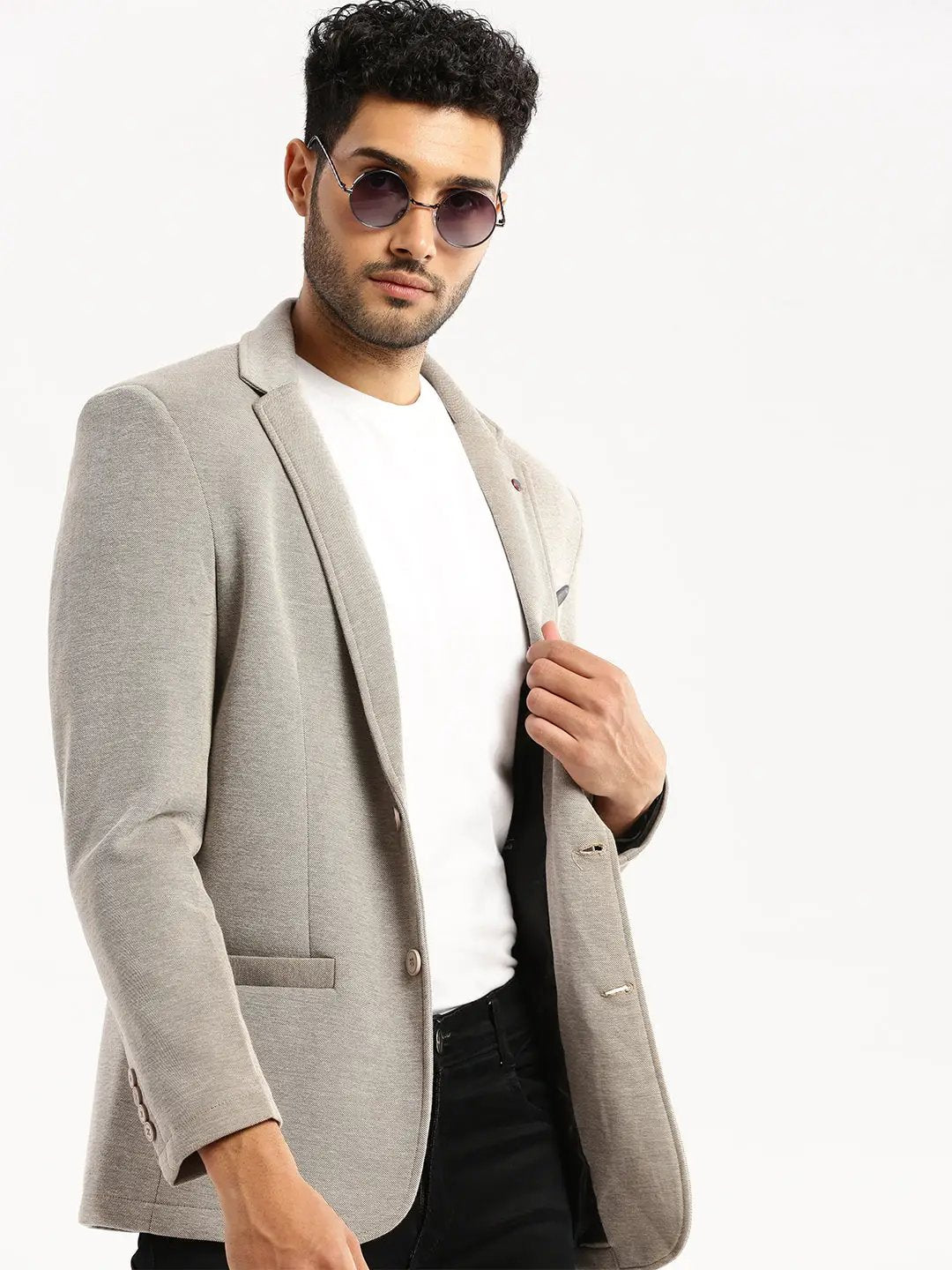 Men's Grey Notched Lapel Collar Single-Breasted Slim-Fit Blazer