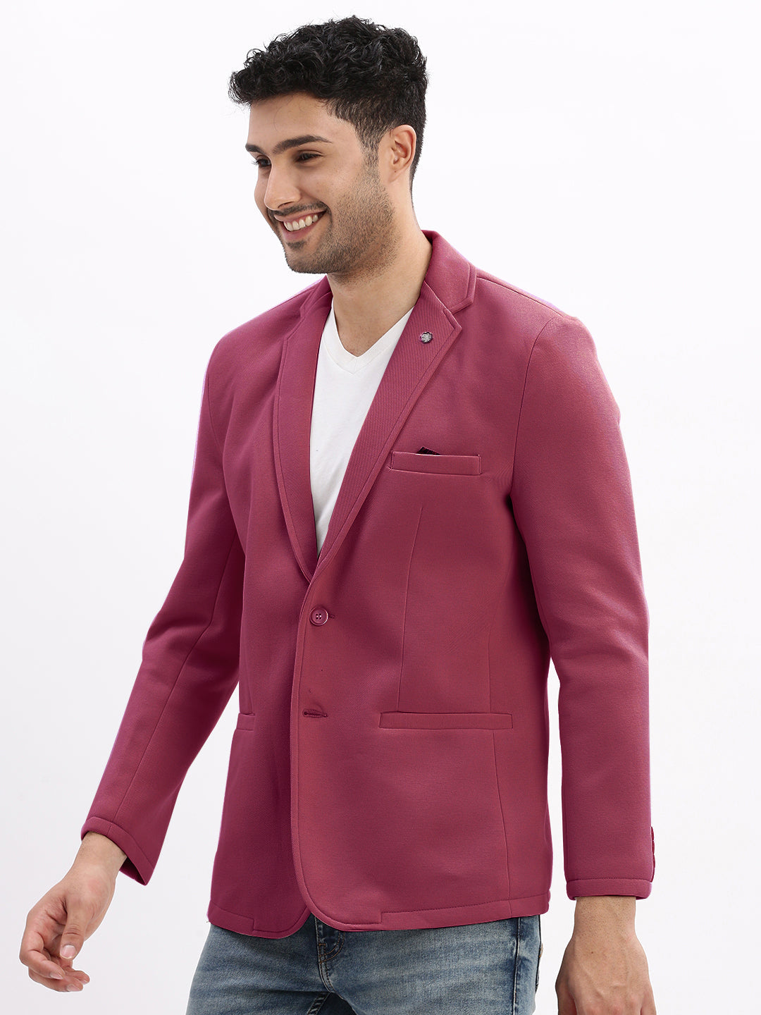 Men's Magenta Solid Single Breasted Blazer