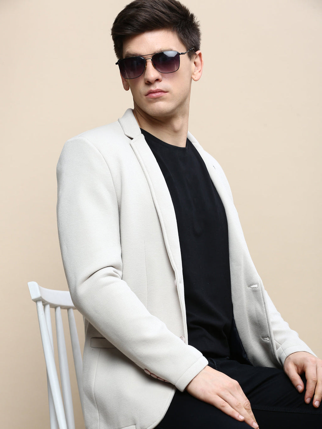 Men's Beige Notched Lapel Single Breasted Blazer