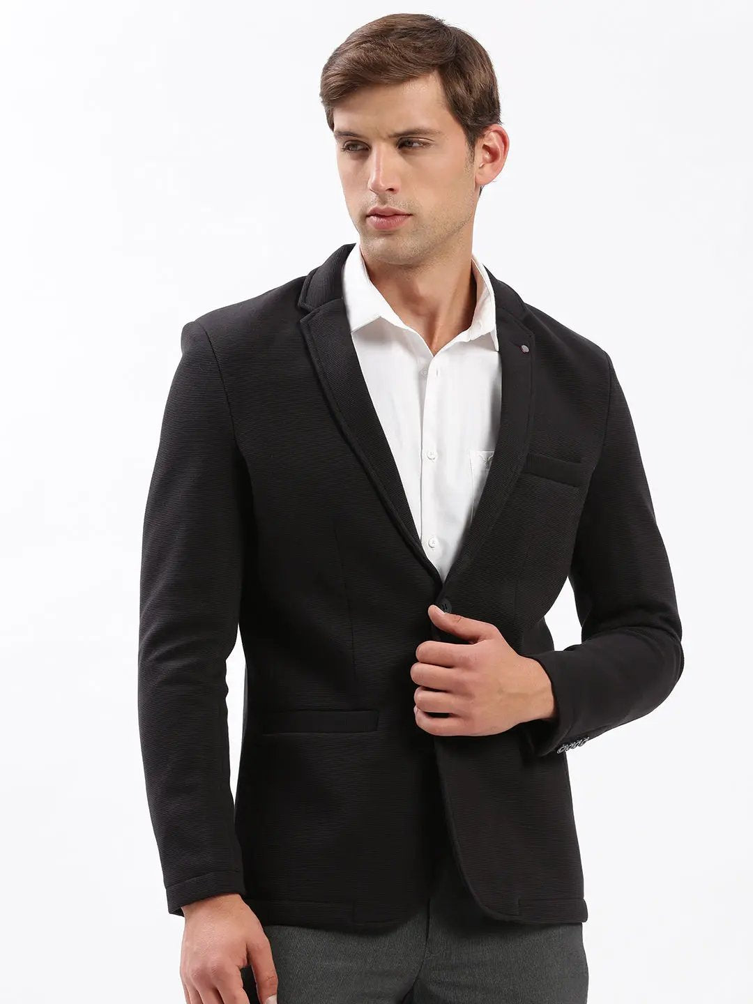 Men's Black Slim Fit Notched Lapel Single-Breasted Casual Blazer
