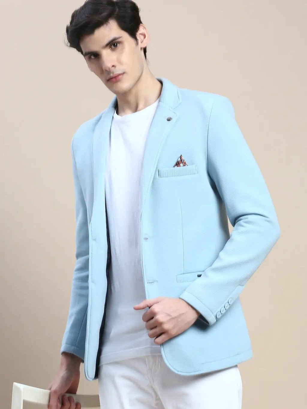 Men's Blue Slim-Fit Notched Lapel Single-Breasted Blazer