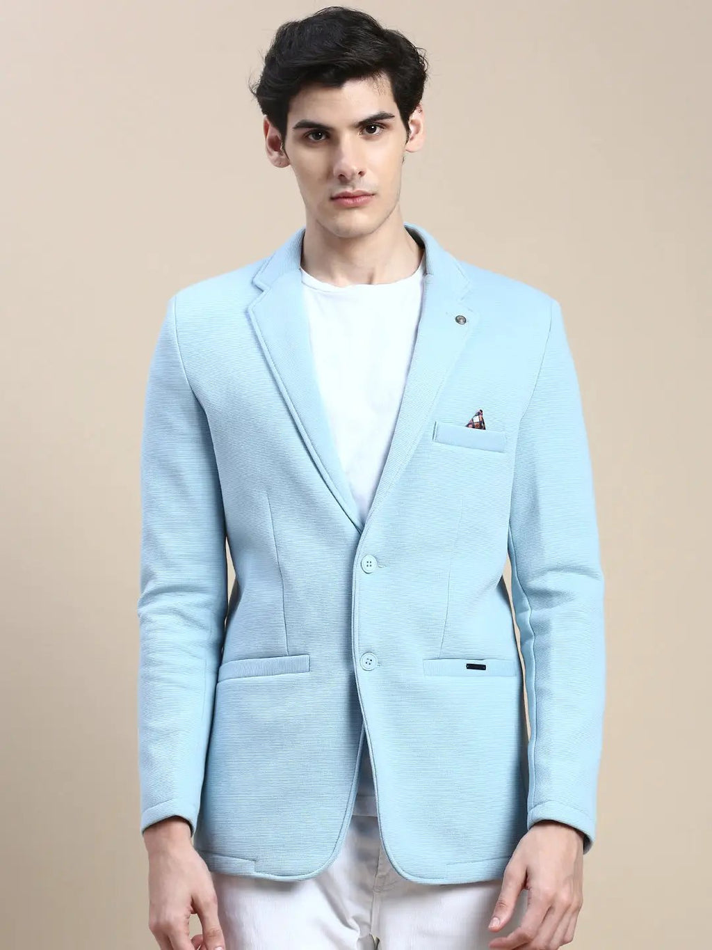 Men's Blue Slim-Fit Notched Lapel Single-Breasted Blazer