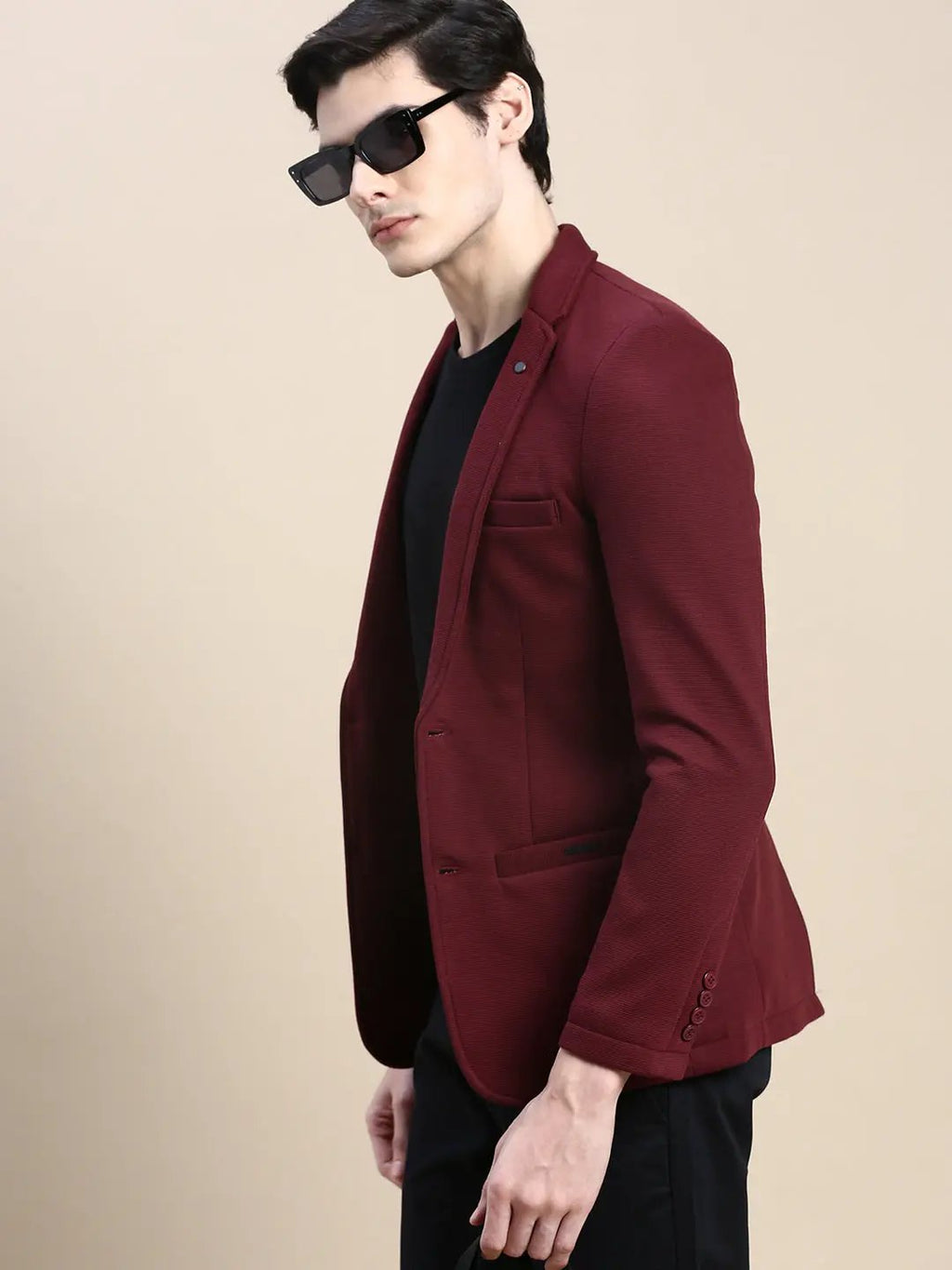 Men's Red Notched Lapel Collar Slim-Fit Single Cotton Breasted Blazer