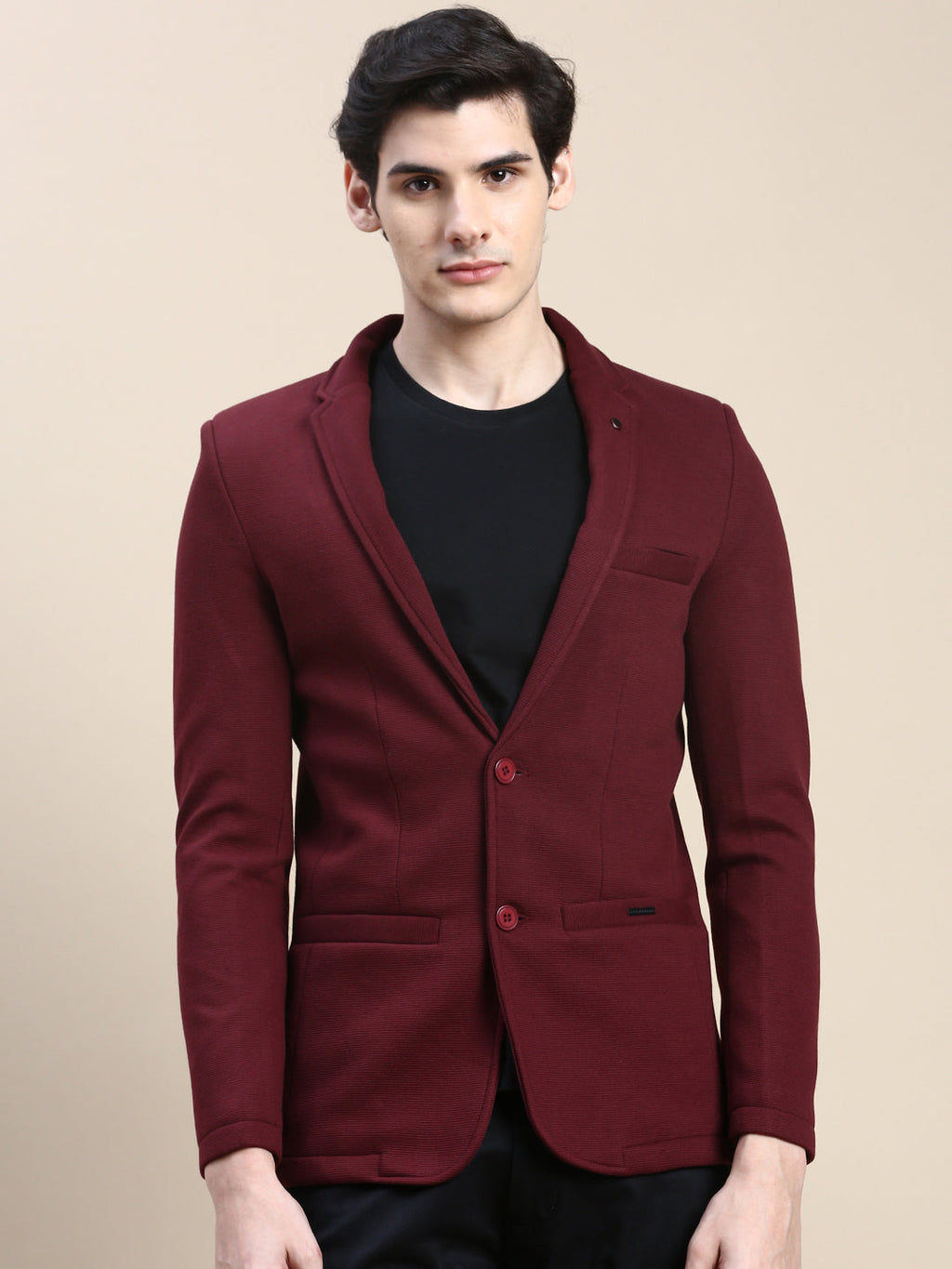 Men's Red Notched Lapel Collar Slim-Fit Single Cotton Breasted Blazer